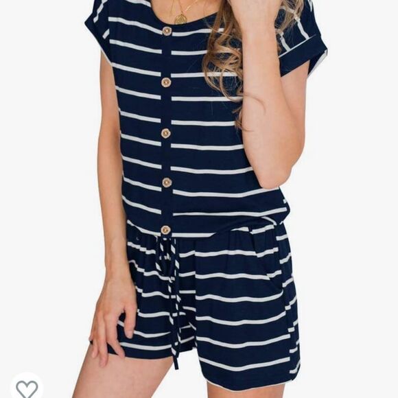 Women's Summer Casual Short Sleeve Striped Loose Jumpsuit Rompers with P… - Picture 2 of 2
